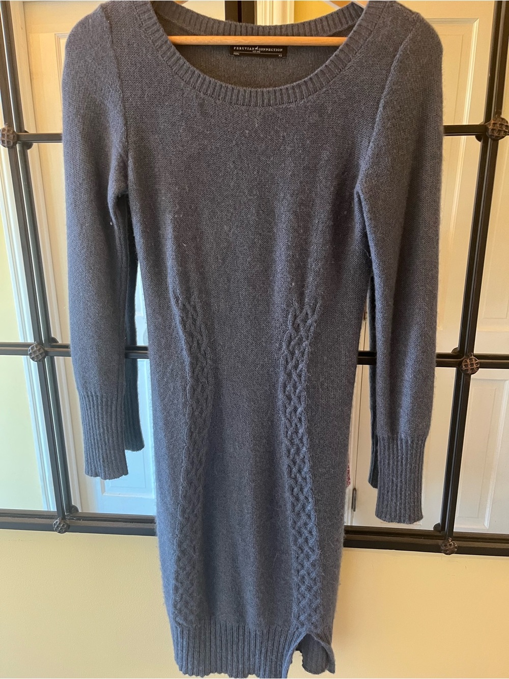Peruvian Connection Slate Blue Long-Sleeve Cable Knit Sweater Dress